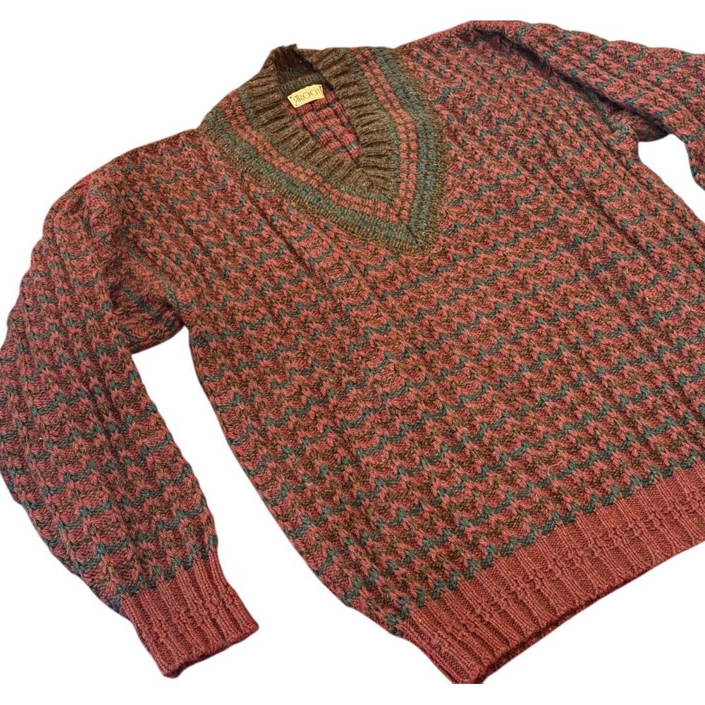 Roots Men's XL 100% Wool Burgundy Dark Academia Grandpa Preppy V Neck Sweater